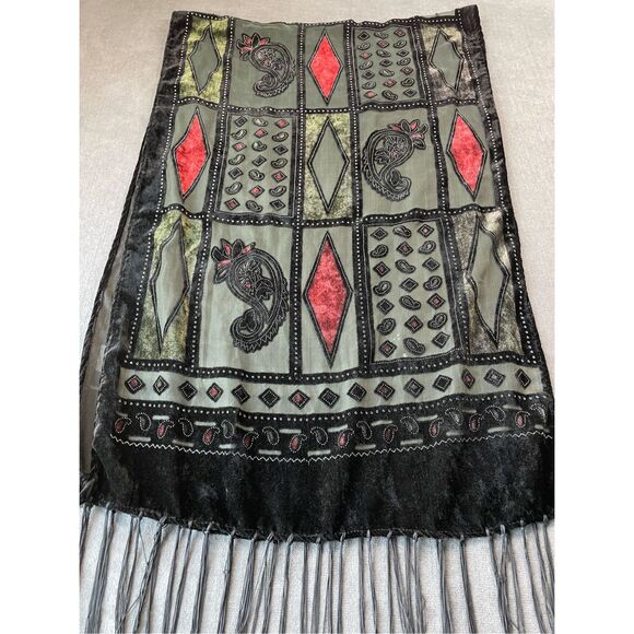 Velvet Burnout Scarf Womens Black Red Green Sheer Paisley Boho Fringe Festival - Picture 7 of 7